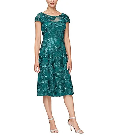 Soutache Lace Sequin Round Neck Cap Sleeve Tea Dress