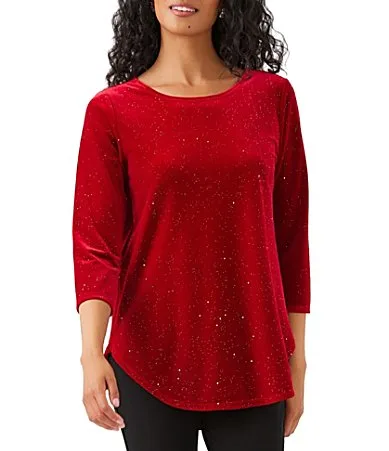 Knit Sparkle Velvet Crew Neck 34 Sleeve Top by Karen Kane