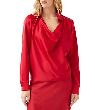 Woven Satin Collared Cowl Neck Long Sleeve Coordinating Top by Karen Kane
