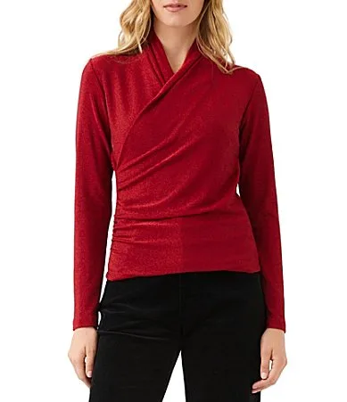 Metallic Knit Crossover Neck Long Sleeve Side-Shirred Top by Karen Kane