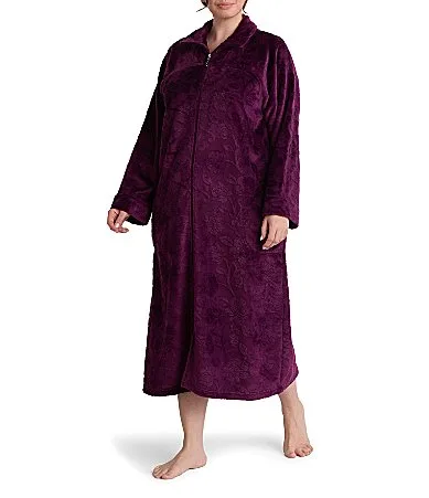 Solid Long Sleeve Funnel Neck Fleece French Terry Knit Long Zip Robe by Miss Elaine