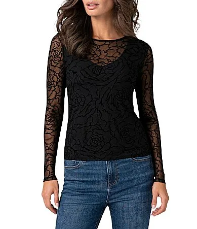 Long Knit Mesh Lace Floral Print Crew Neck Long Sleeve Top by Liverpool Los Angeles