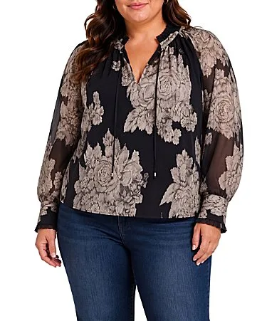 Jacquard Chiffon Floral Print V-Neck Long Sleeve Blouse by Liverpool Los Angeles