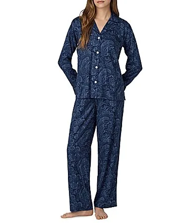 Lauren Ralph Lauren Navy Paisley Print Notch Collar Long Sleeve Woven Pajama Set