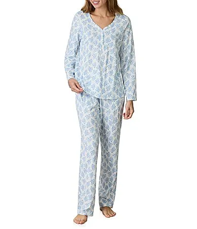 White Floral Print V-Neck Long Sleeve Jersey Knit Long Pajama Set