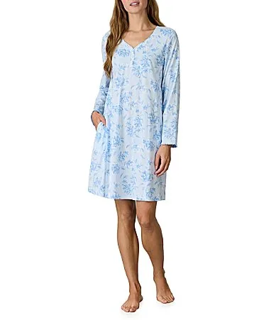 Blue Ground Floral Cotton Jersey Knit V-Neck Long Sleeve Nightgown by Carole Hochman