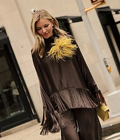 Antonio Melani x Style by Simkins Sarah Satin Mock Neckline Long Sleeve Fringe Coordinating Blouse by Antonio Melani