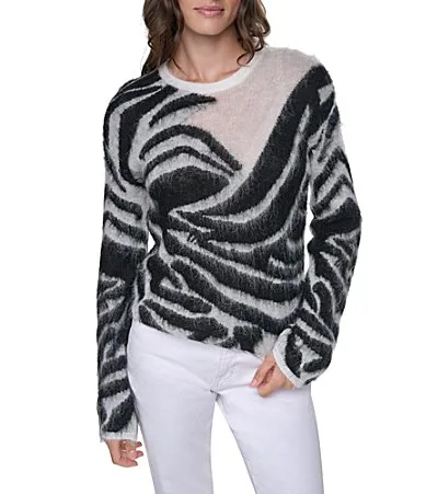 DKNY by Donna Karan Brushed Mohair Animal Print Intarsia Crew Neck Long Sleeve Sweater Top by Donna Karan