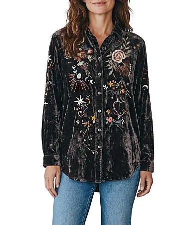 Selena Woven Velvet Spread Collar Long Sleeve Top