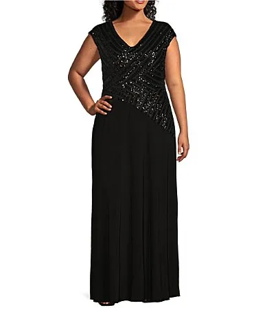Cap Sleeve V-Neck Sequin Bodice Gown