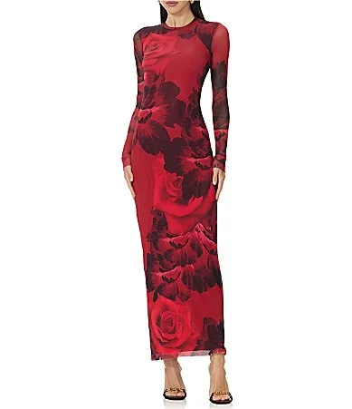 Didi Holiday Rose Printed Crew Neck Long Sleeve Mesh Maxi Dress by Afrm