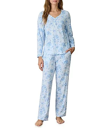 Floral Print V-Neck Long Sleeve Jersey Knit Long Pajama Set