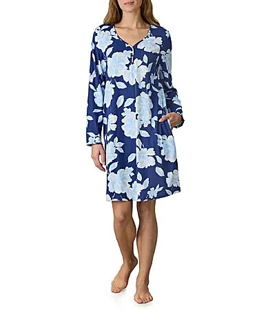 Dark Blue Ground Floral Cotton Jersey Knit V-Neck Long Sleeve Nightgown by Carole Hochman