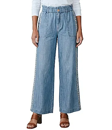 Davi Woven Geometric Embroidery Elastic Waistband Wide Leg Ankle Length Jeans by Karyn Seo