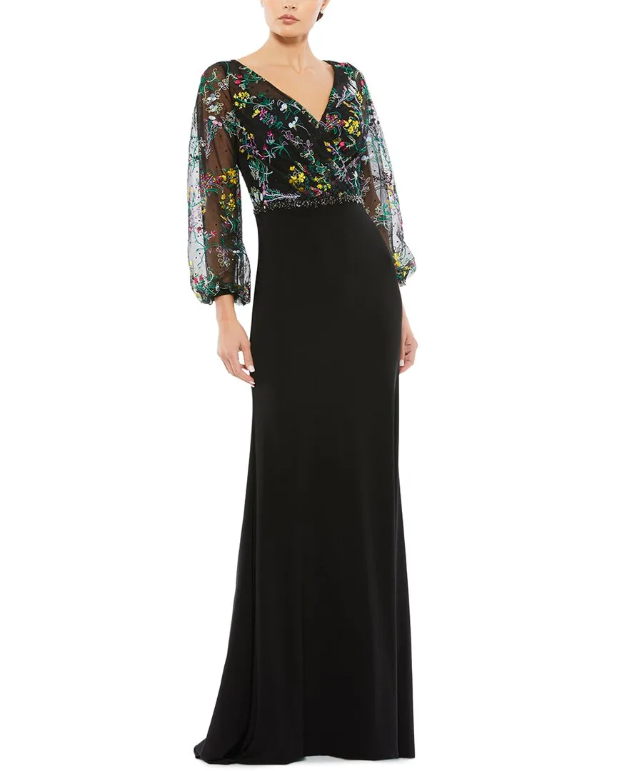 Mac Duggal Embroidered Illusion Puff Sleeve Gown by M.A.C.