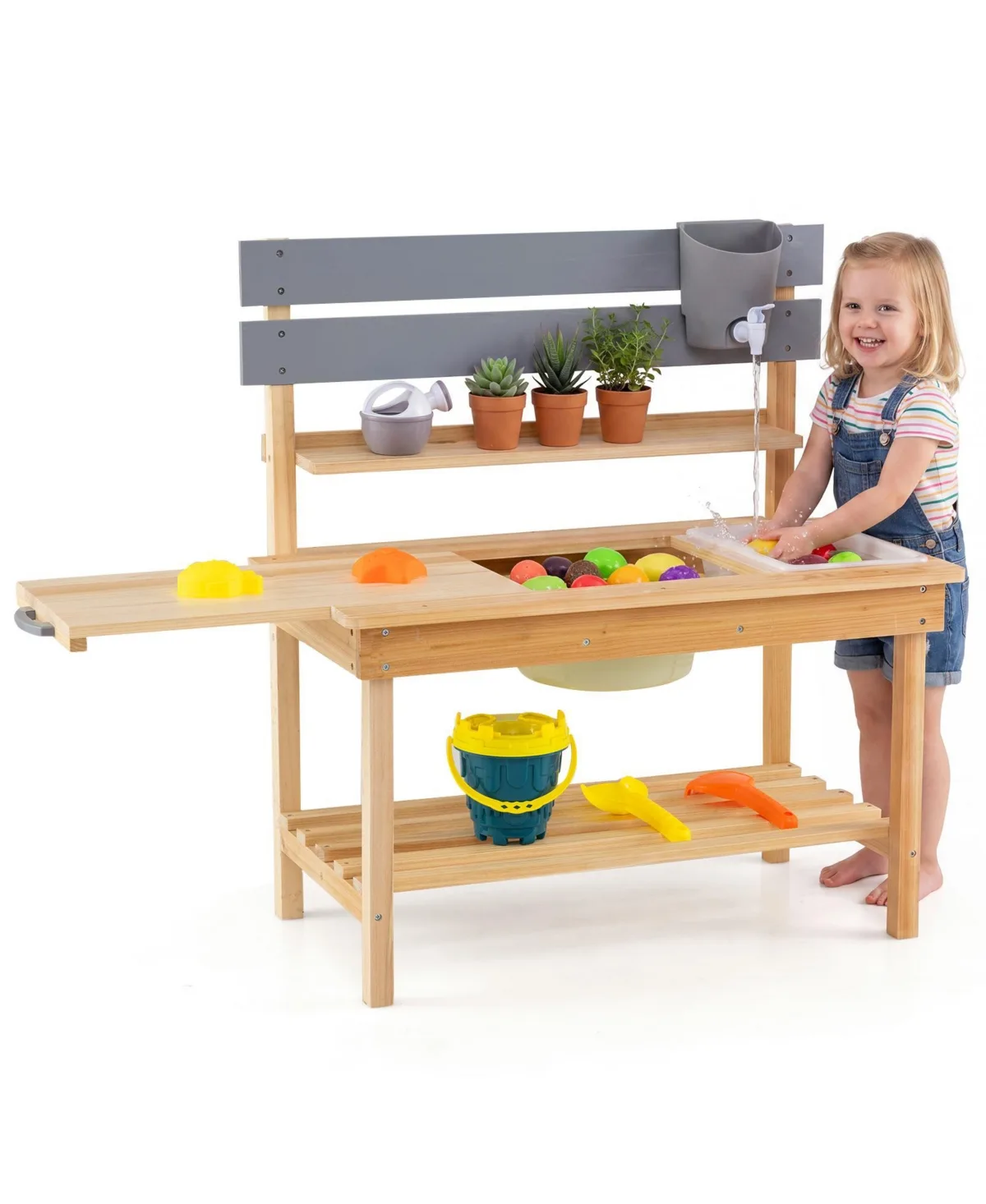 Mud Kitchen Wooden Extended-Tabletop Playset with Water Basin, Ages 3+ by Costway