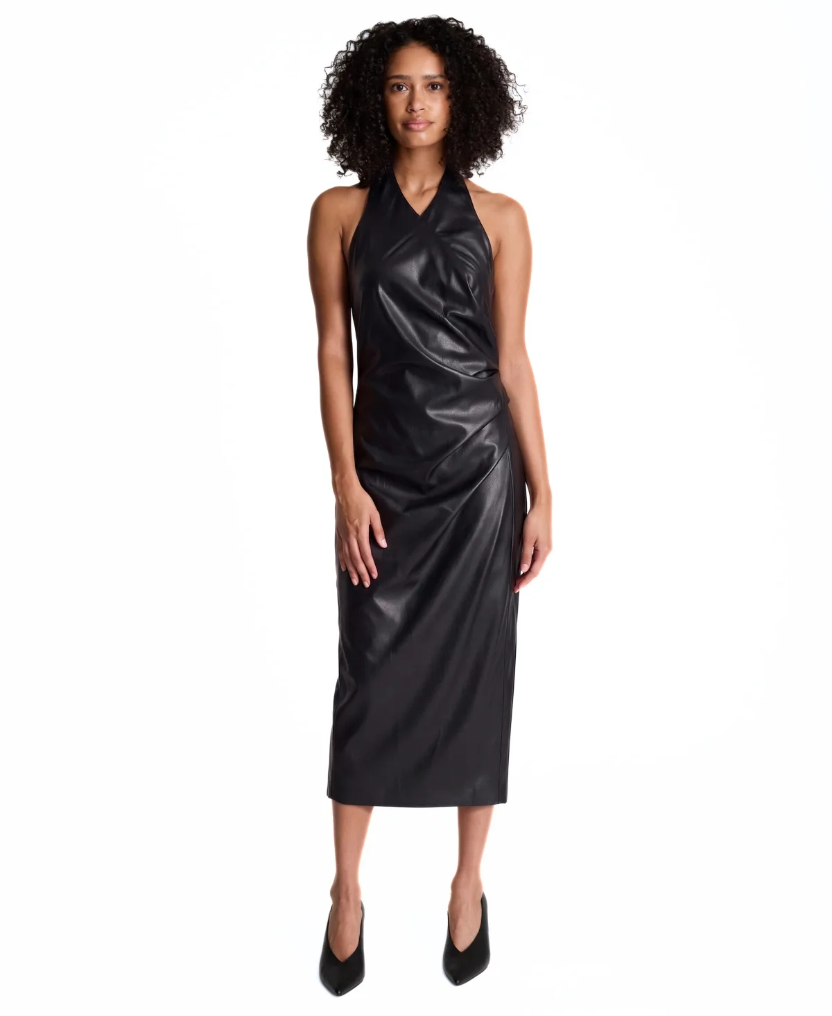 Halter-Neck Draped Open-Back Faux Leather Midi Dress by Kenneth Cole