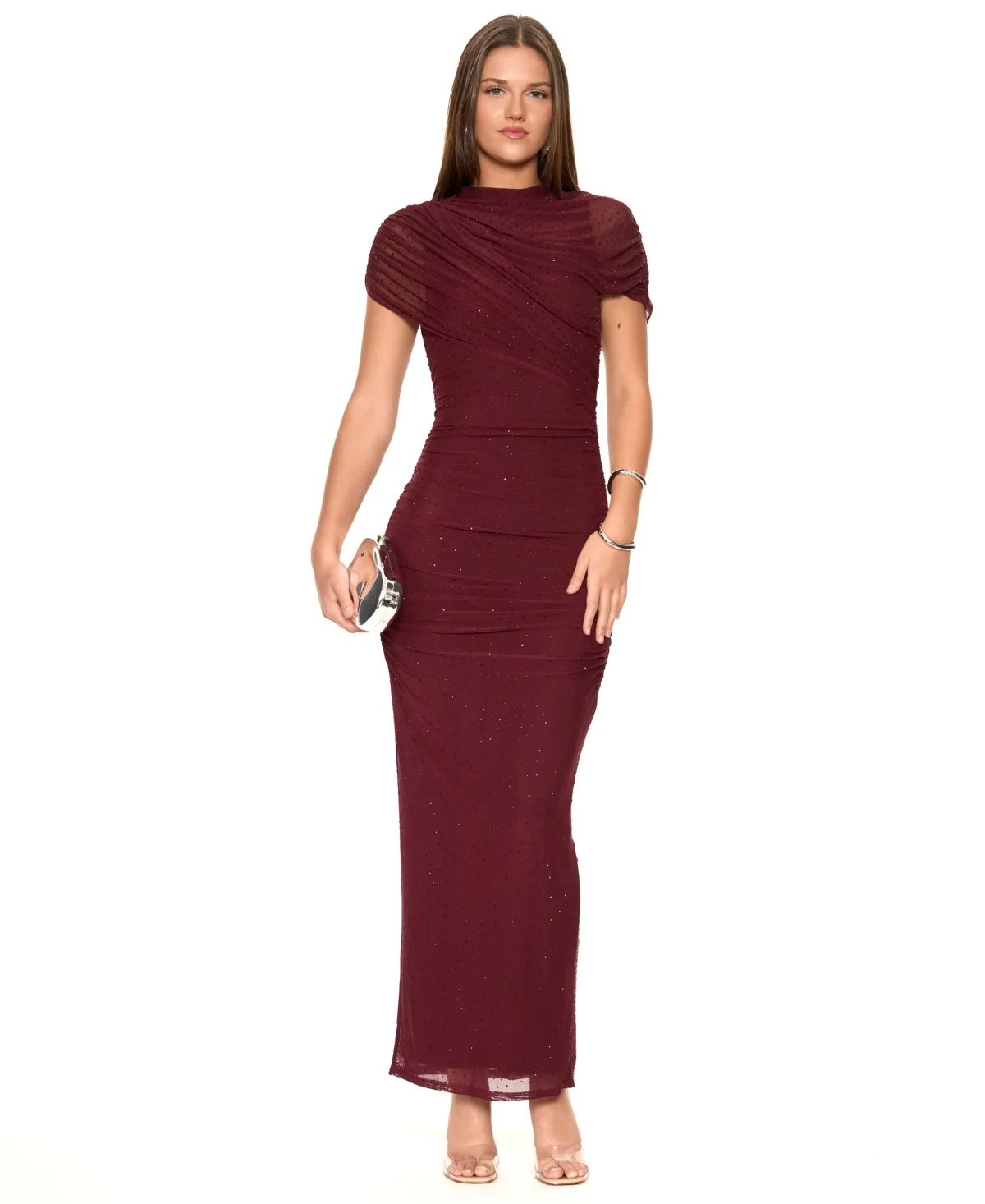 Averra Scarf Asymmetrical Ruched Rhinestone Mesh Midi Dress by Rachel Roy