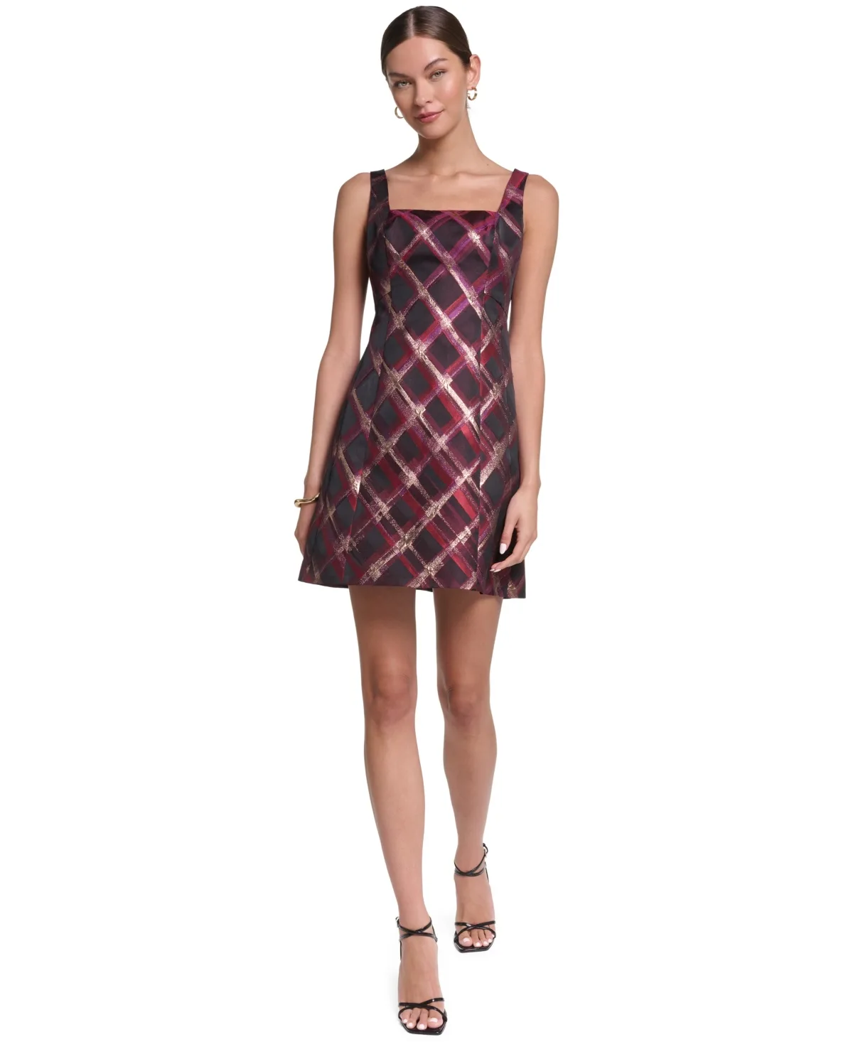 Square-Neck Plaid Mini Dress by Halston
