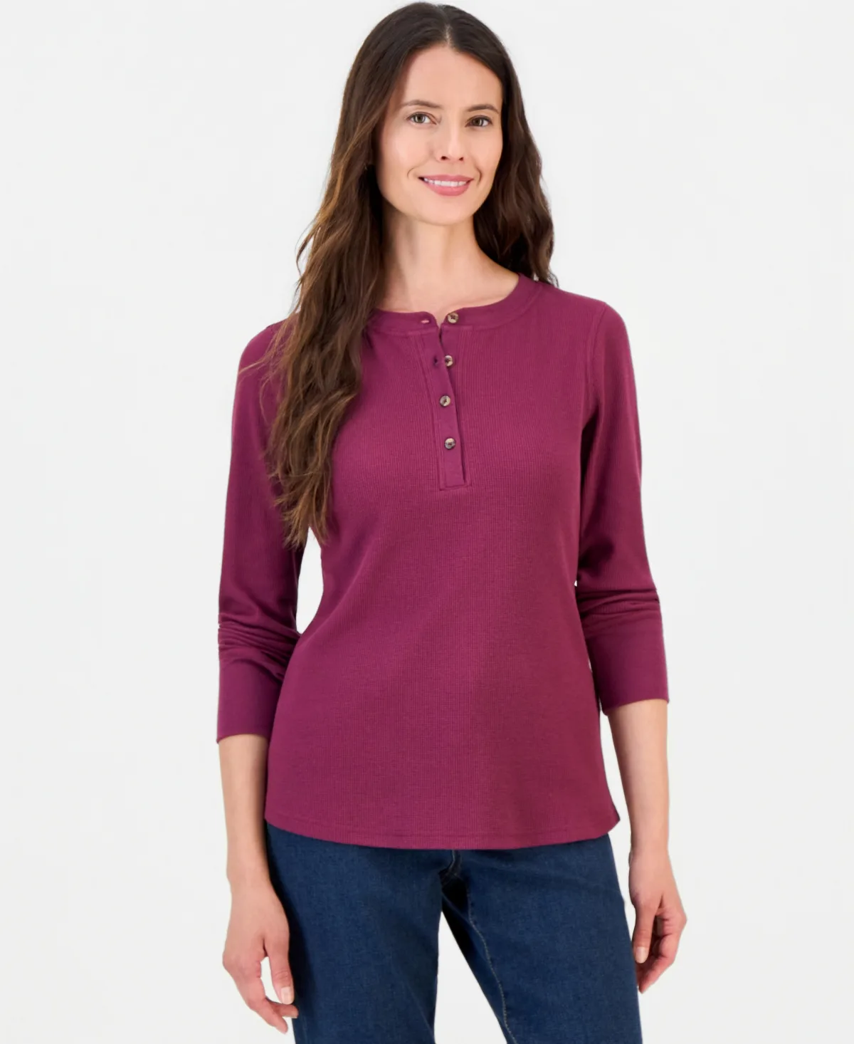 Waffle-Knit Long-Sleeve Henley T-Shirt by Style & Co