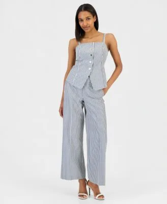Striped Button Front Sleeveless Top Seersucker Stripe Wide Leg Pants