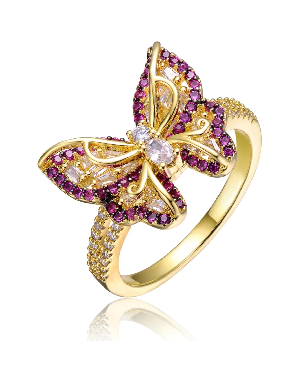 14k Yellow Gold Plated with Purple & Cubic Zirconia Butterfly Split Top Ring by Rachel Glauber
