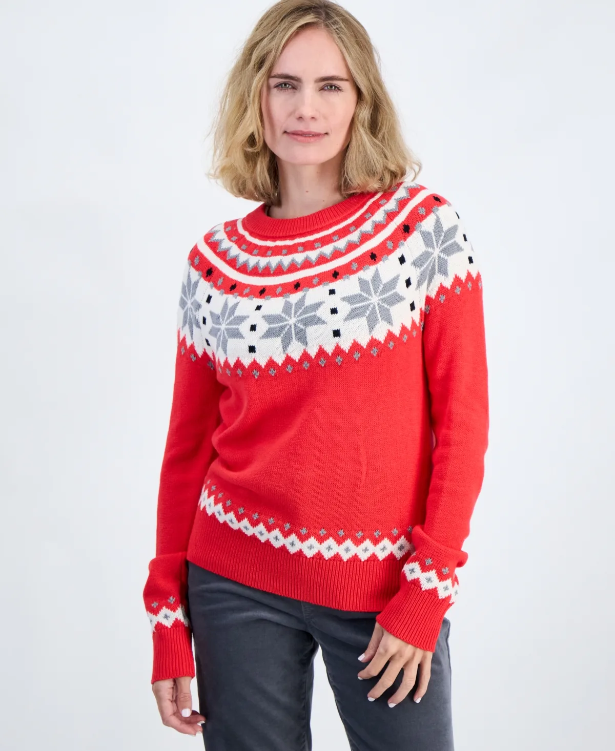 Whimsy Snowflake Fair Isle Pullover Cotton-Blend Crewneck Sweater