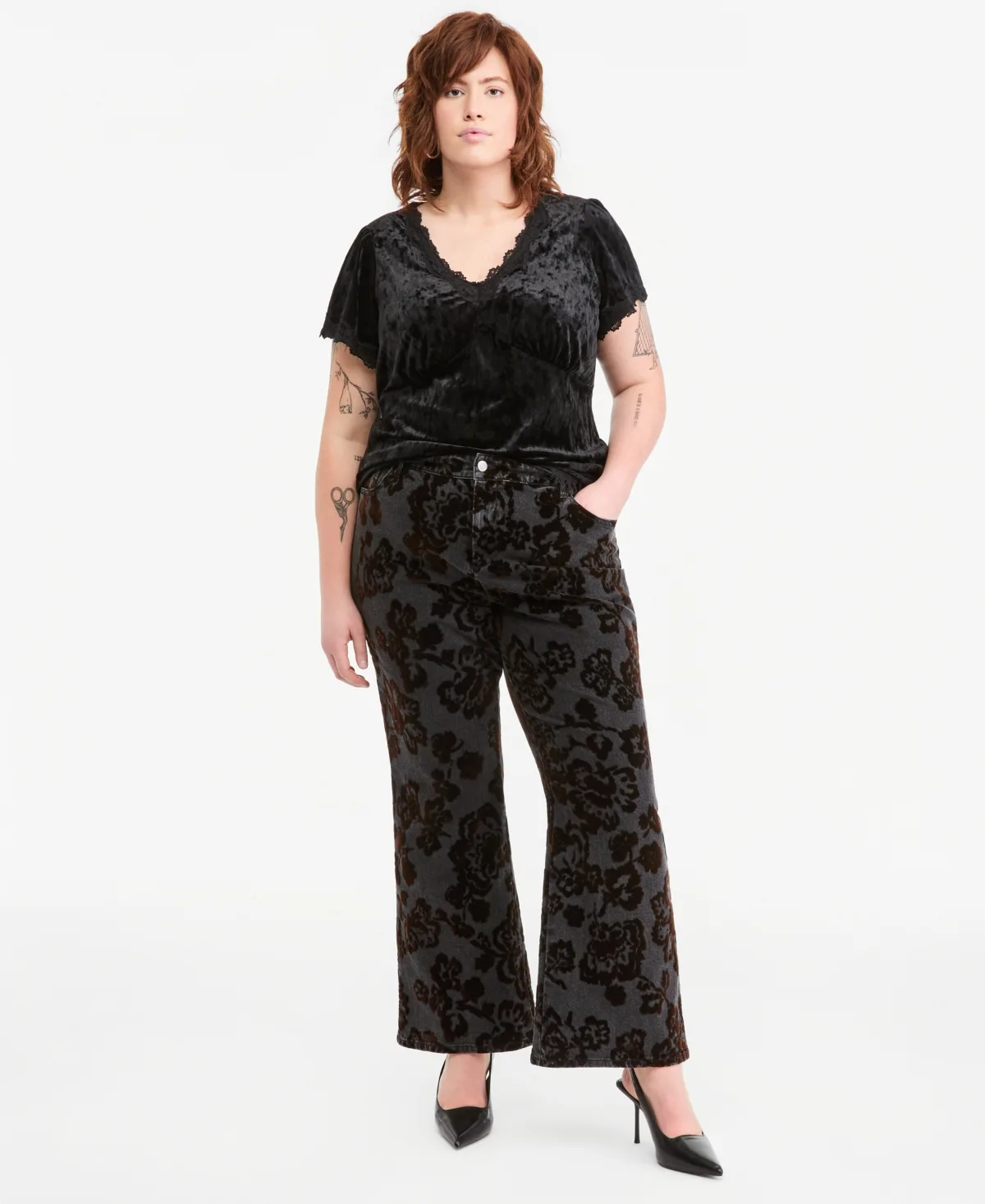 Flocked Floral-Print Flared-Leg Denim Pants by And Now This