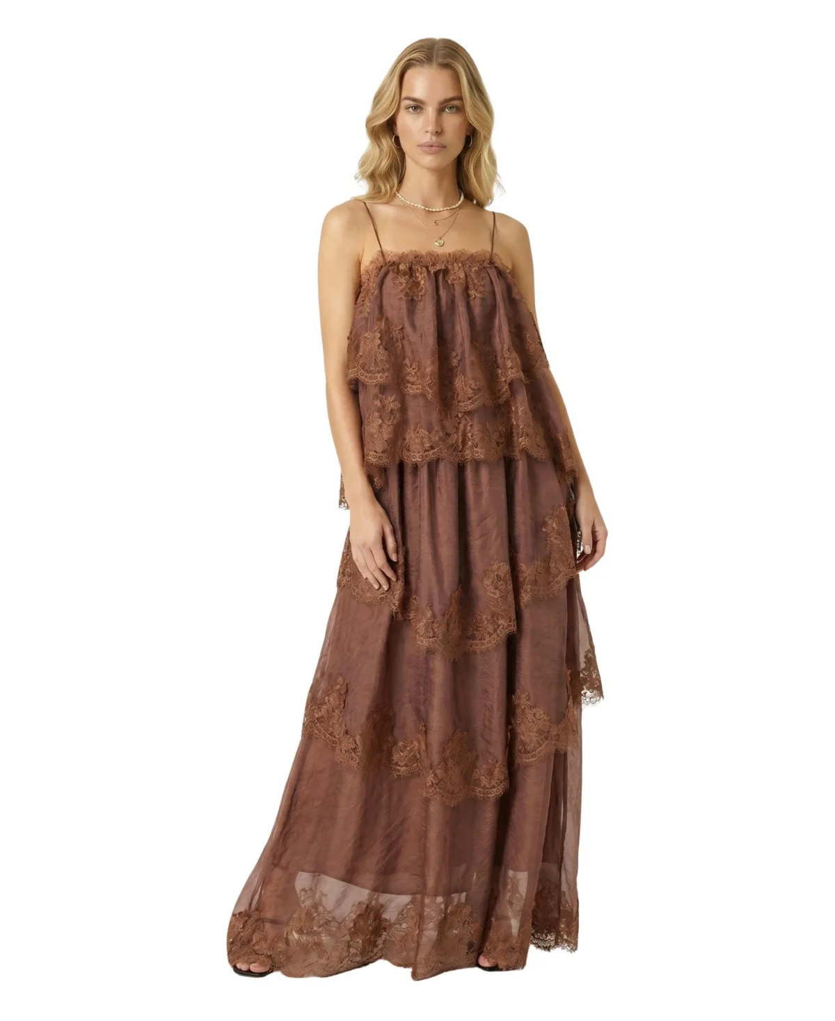 Lace Tiered Square Neckline Maxi Dress by Modenaire