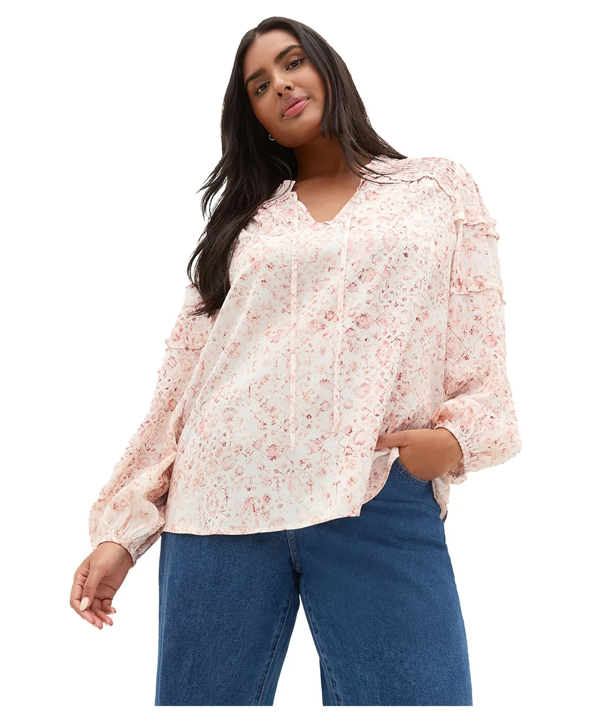 High-Ruffle-Trim Desert Print Relaxed-Fit Long-Sleeve Blouse by City Chic