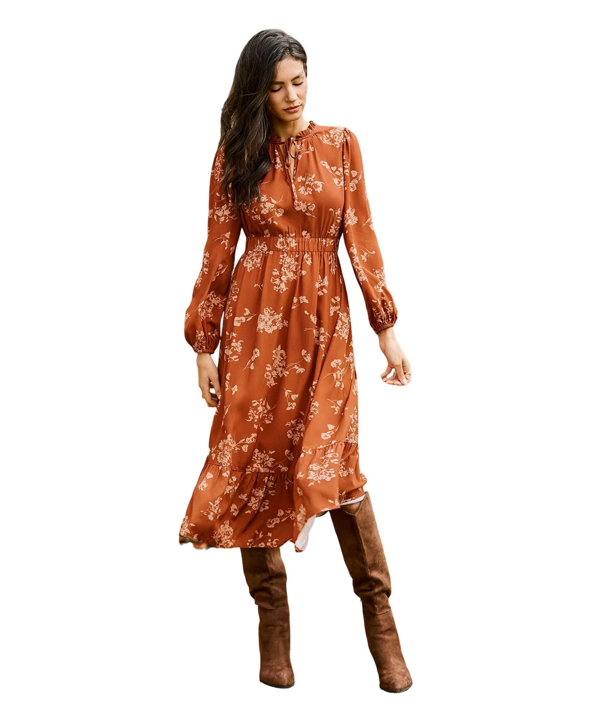 Copper Glow Floral-Print Long-Sleeve Rayon Maxi Dress by Cupshe