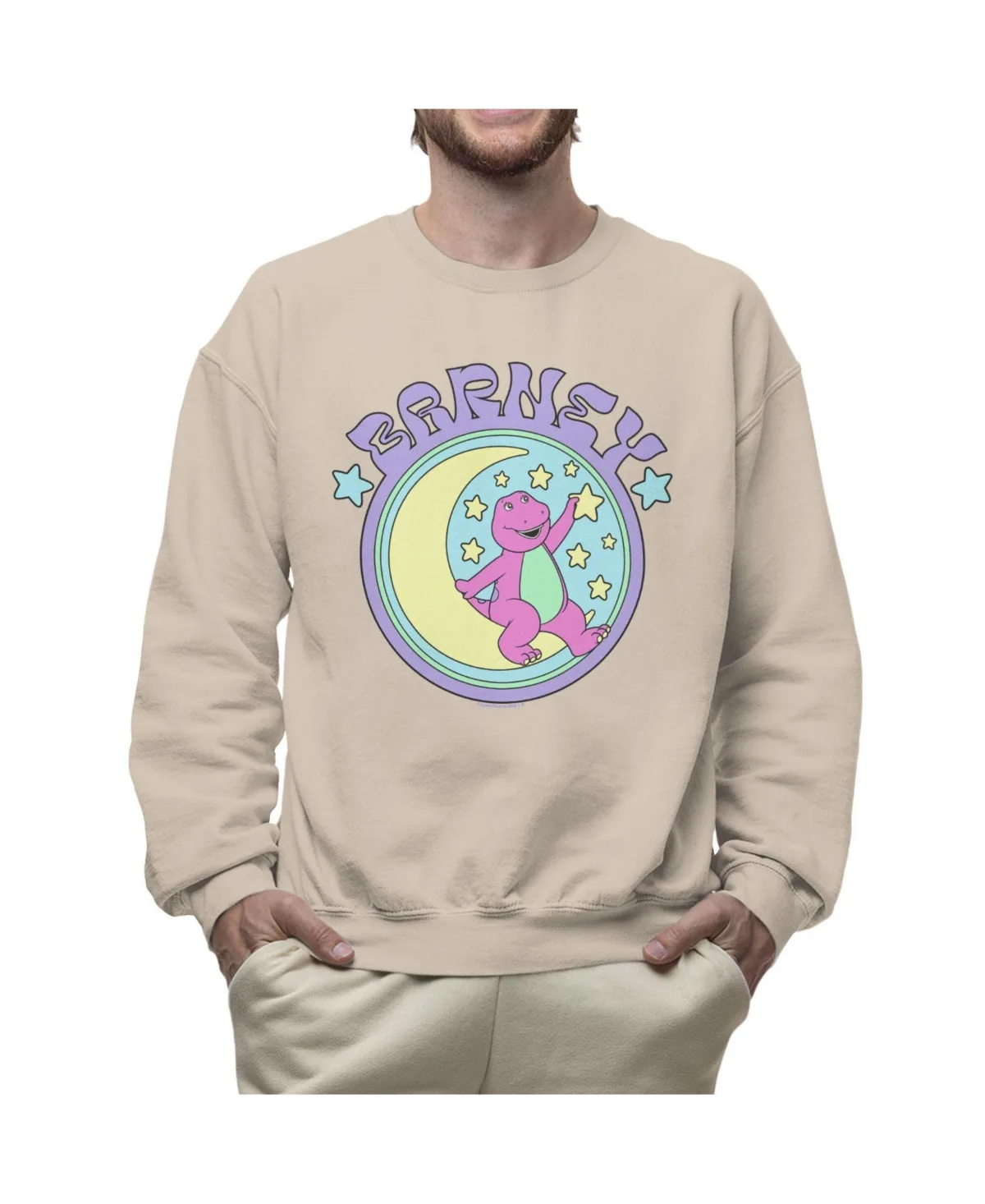 Barney Sitting on Crescent Moon Starry Sky Graphic Long-Sleeve Sweatshirt by Barney