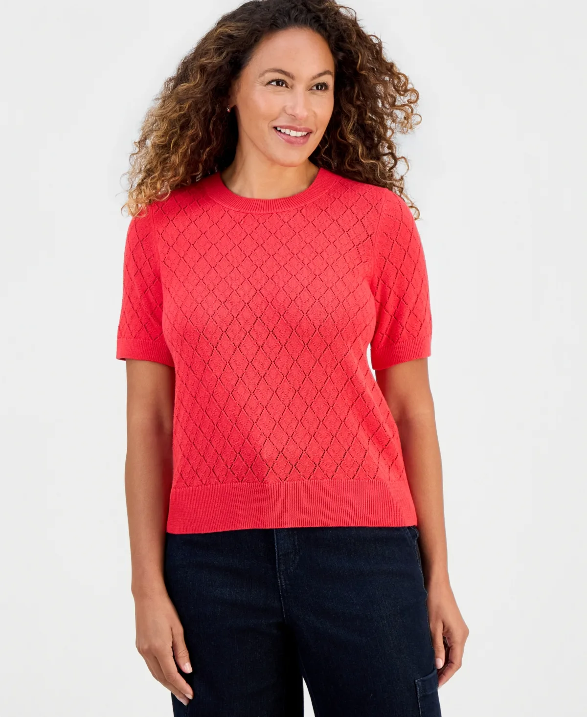 Petite Short-Sleeve Pointelle-Knit Crewneck Sweater