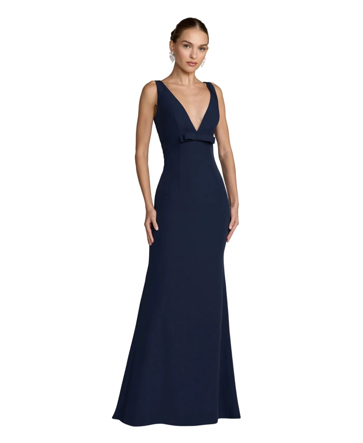 Mac Duggal Petite Crepe Sleeveless V Neck Sheath Gown with Bow by M.A.C.