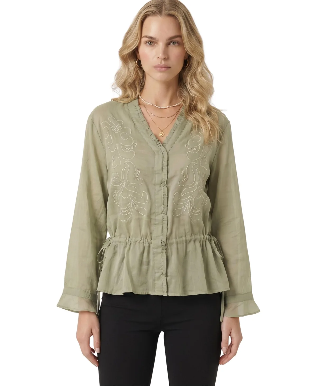 Tonal Floral Embroidery Ruffle-Trim V-Neck Peplum Blouse
