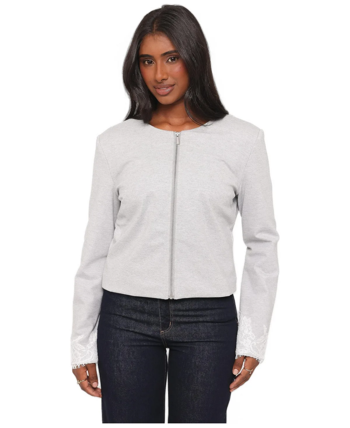 Cinzia Cropped Lace-Trim Ponte Jacket by Petal and Pup