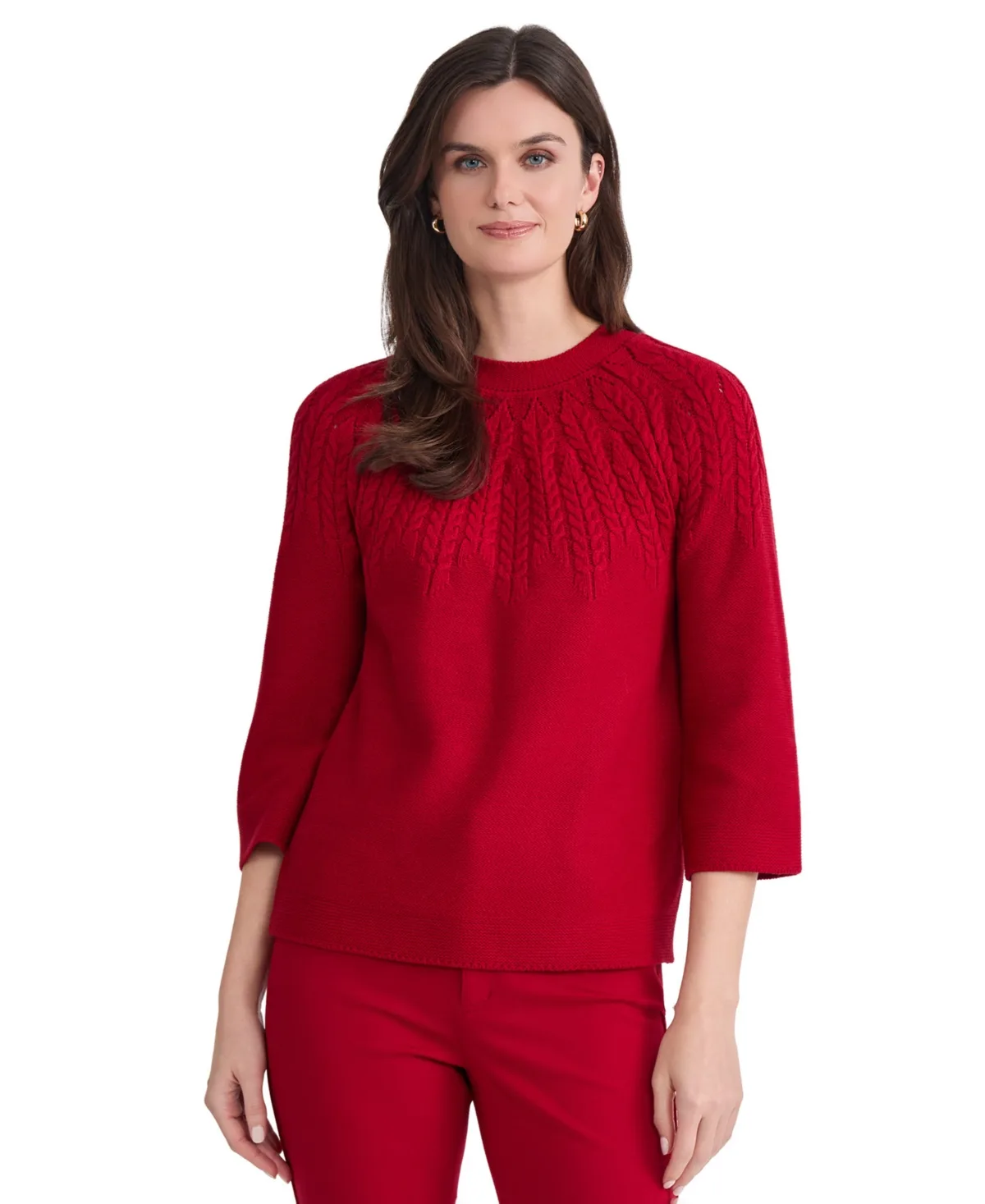 Petite Cable Yoke Cable-Knit 3/4-Sleeve Pullover Sweater by Jones New York