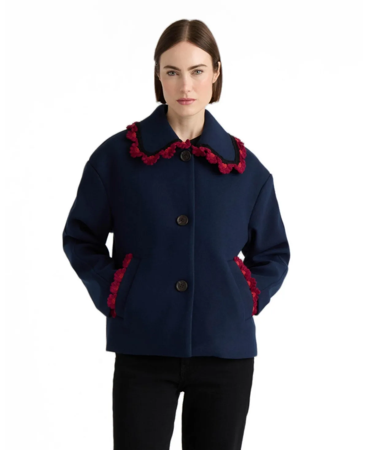Faux Wool Single Breasted Jacket with Crochet Trims by Nvlt