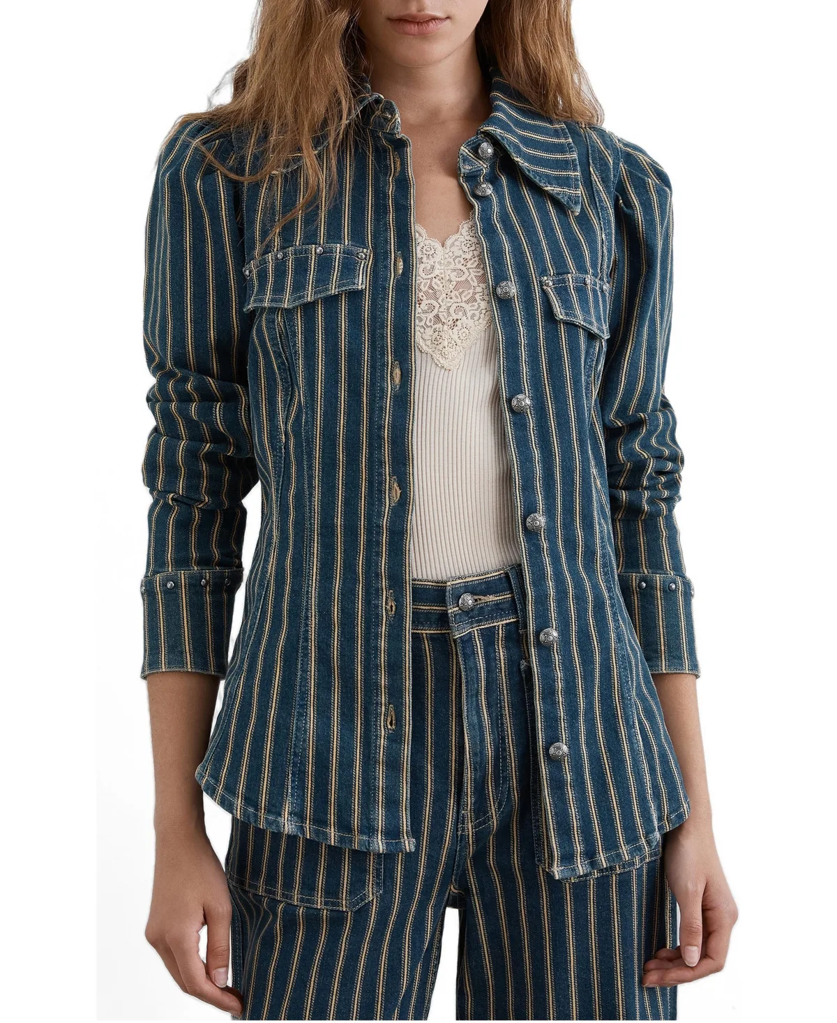 Striped Slim-Fit Puff-Sleeve Denim Shirt by Scalpers