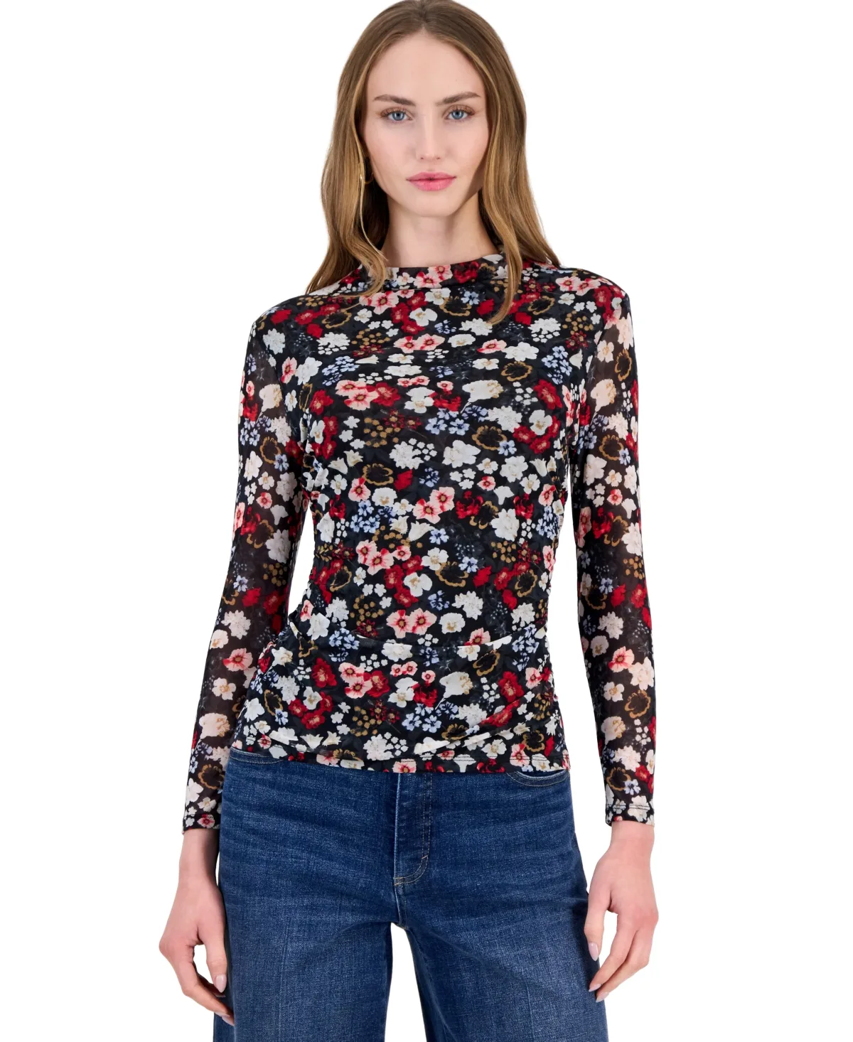 Long-Sleeve Mock-Neck Printed Mesh Top