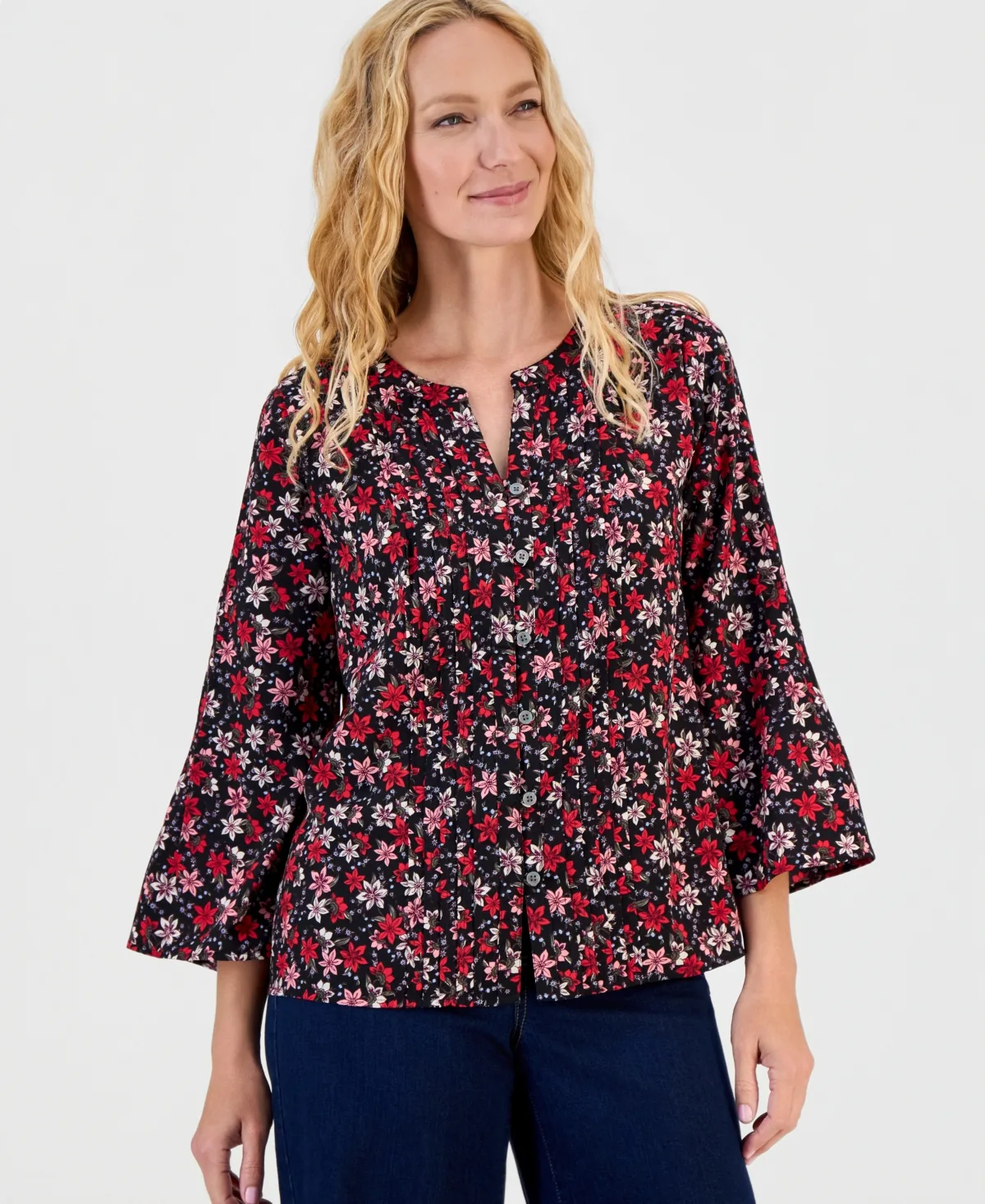 Printed Bell-Sleeve Pintuck Blouse