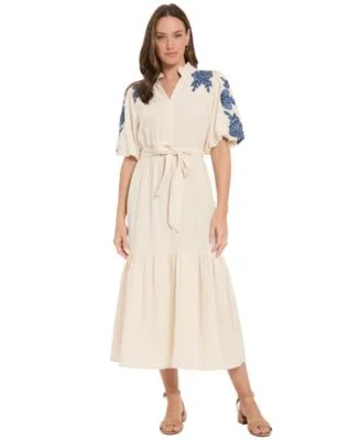 Ruffle Neck Bubble Embroidered Sleeve Tiered Maxi Dress by London Times