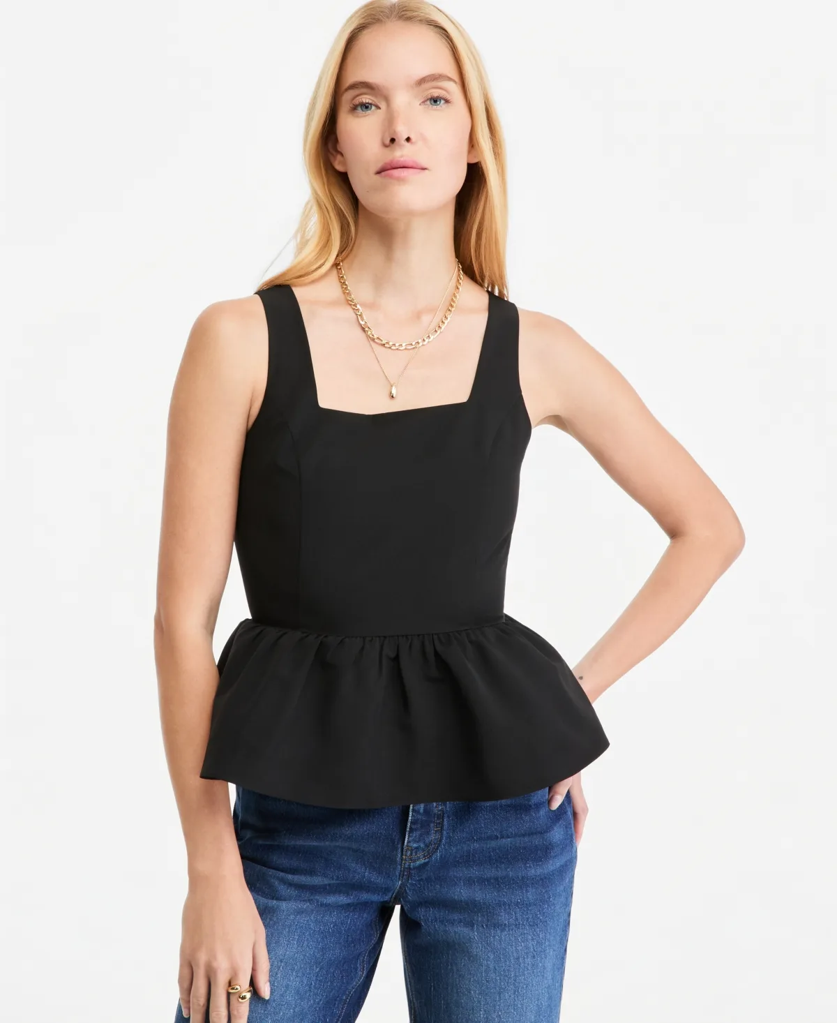 Square-Neck Peplum Tank Top by On 34th