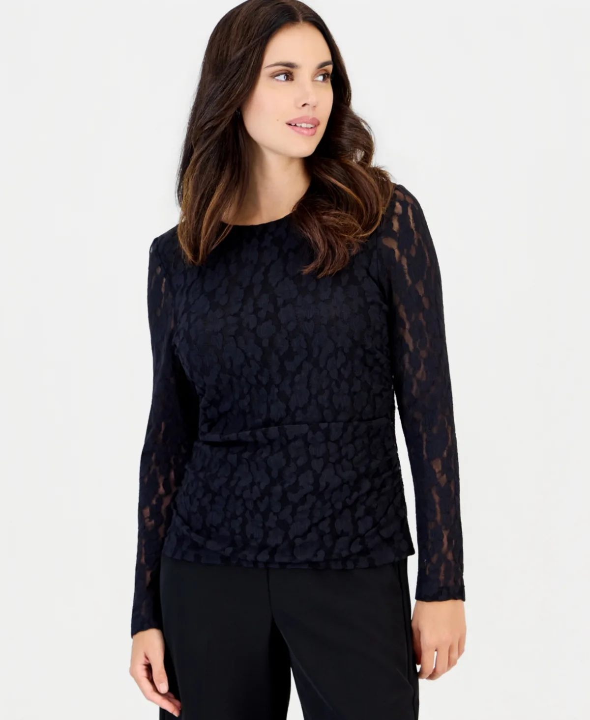 Leopard-Print Lace Long-Sleeve Blouse