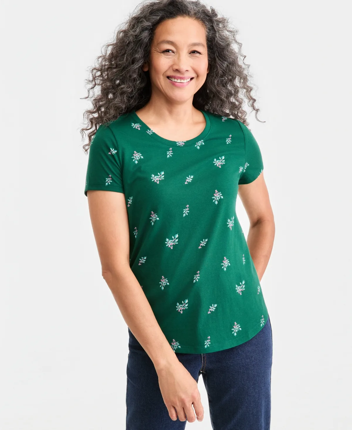 Perfect Floral-Print Curved-Hem T-Shirt by Style & Co