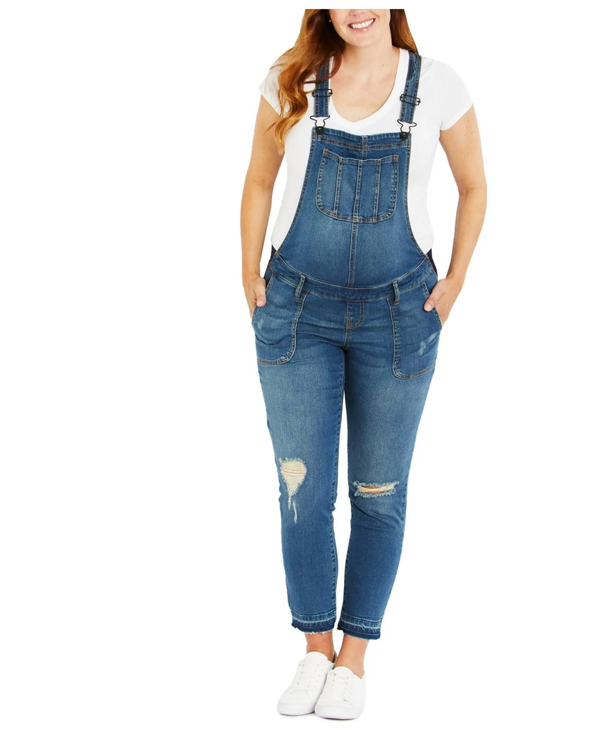 Indigo Blue Side-Panel Letdown Skinny Ankle Denim Overalls by Motherhood Maternity