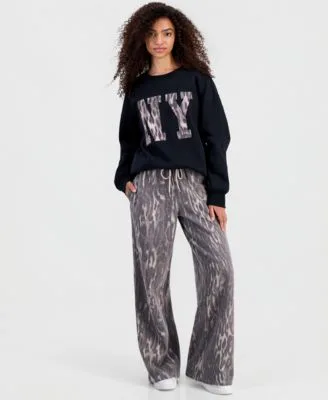 New York Crewneck Sweatshirt Leopard Print Wide Leg Sweatpants by Madden Girl