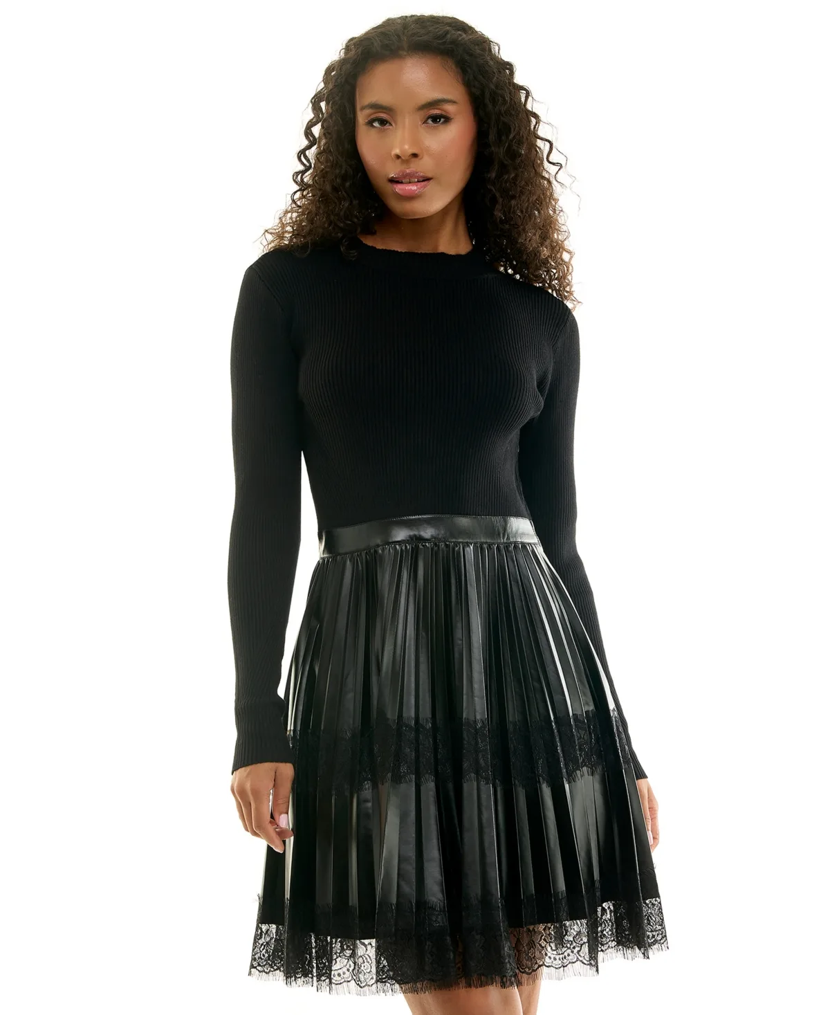 Long-Sleeve Crewneck Pleated Faux Leather Sweater Dress