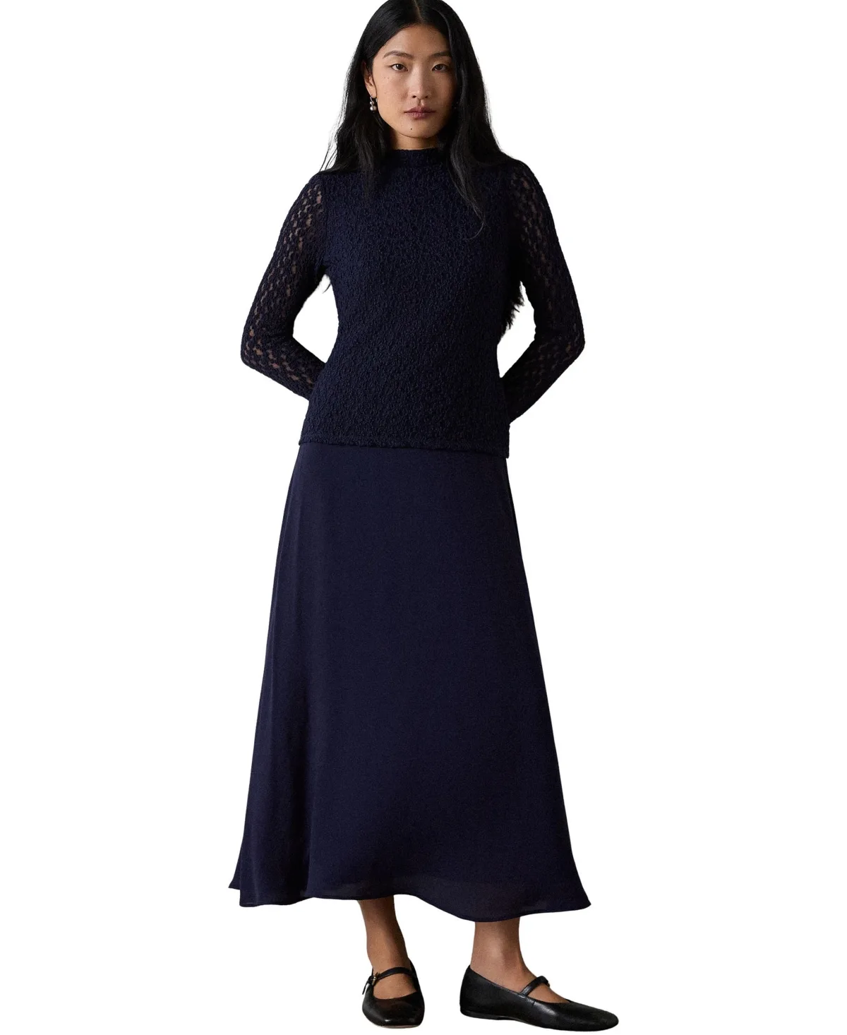 Drop Waist Long-Sleeve Lace Midi Dress by Whistles