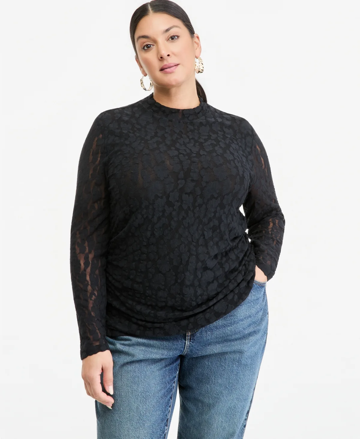 Leopard-Print Lace Long-Sleeve Mock Neck Top by INC International Concepts
